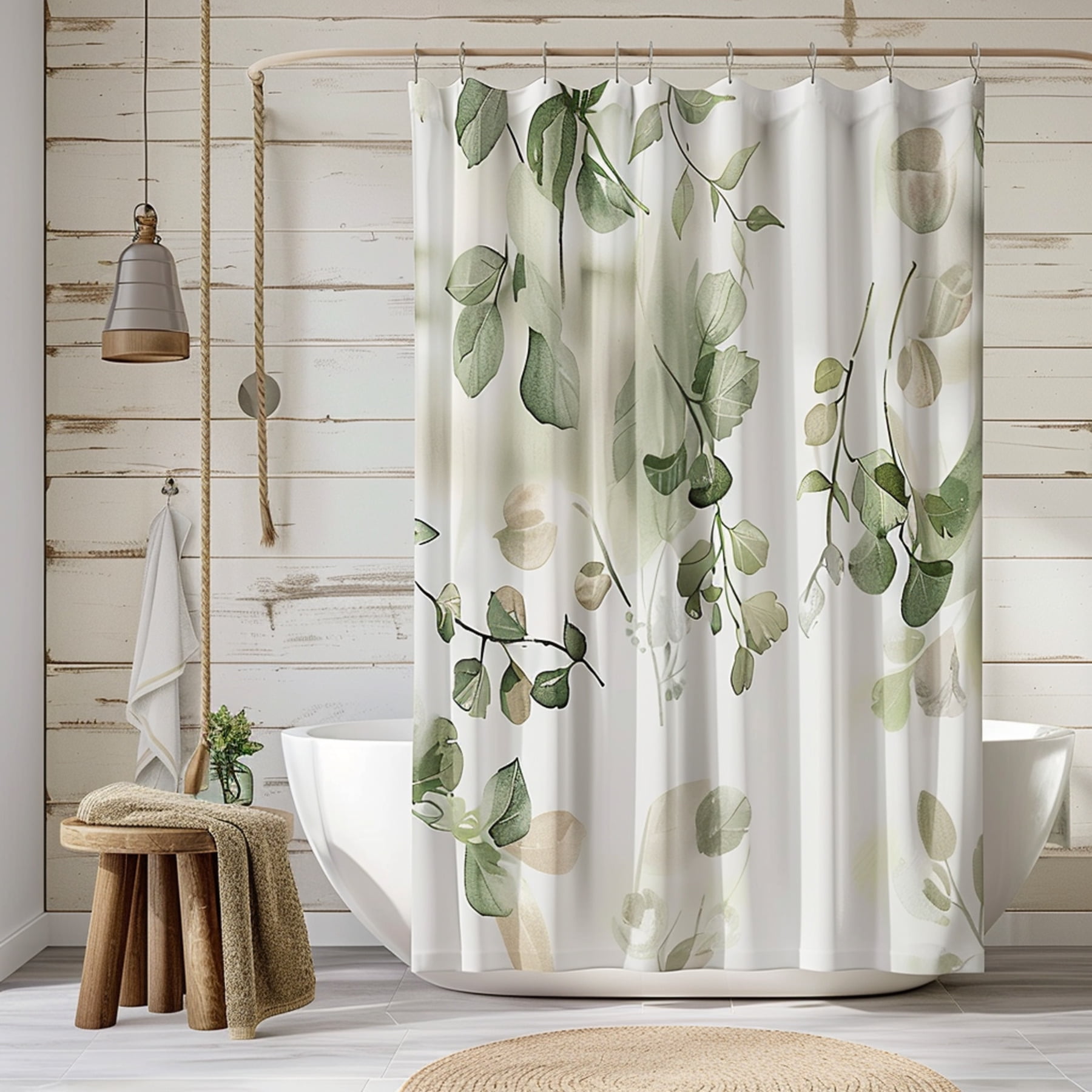 Farmhouse Style Shower Curtain with Green Leaves and Flowers Rustic