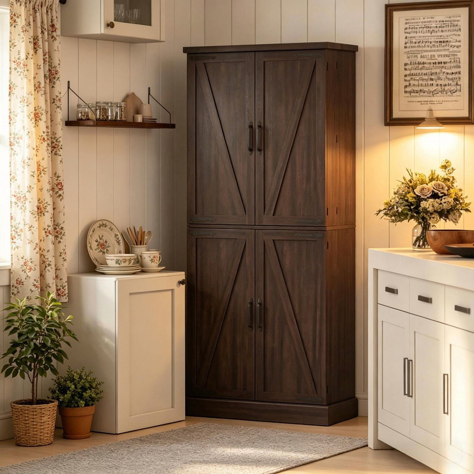 Farmhouse Style Storage Cabinet with Side Rack, Home Bar Sideboard Organizer, Kitchen Pantry Cabinet with Adjustable Shelf