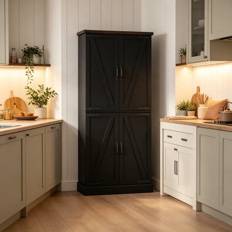 Farmhouse Style Storage Cabinet with Side Rack, Home Bar Sideboard Organizer, Kitchen Pantry Cabinet with Adjustable Shelf