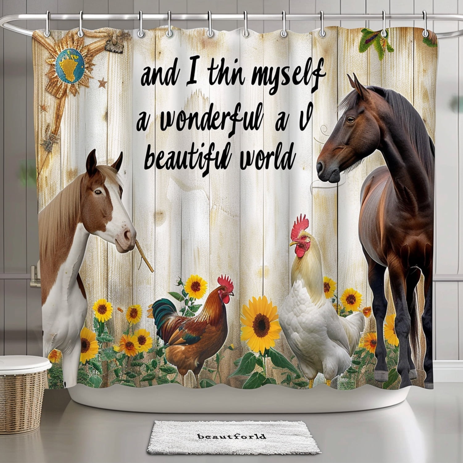 Farmhouse Style Sunflower Bathroom Set with Horse Goat Chicken