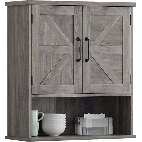 Farmhouse-Style Wall-Mounted Bathroom Cabinet with Adjustable Shelf, Washed Grey Finish, Small Size