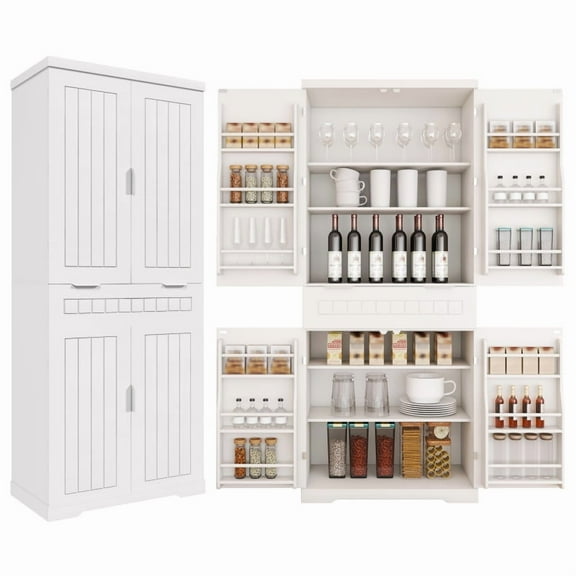 Farmhouse Style White Pantry Cabinet with Drawer, 2 Cabinets & 6 Door Shelves, Adjustable Shelves, Freestanding Cupboard