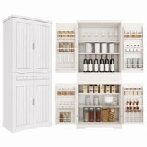 Farmhouse Style White Pantry Cabinet with Drawer, 2 Cabinets & 6 Door Shelves, Adjustable Shelves, Freestanding Cupboard