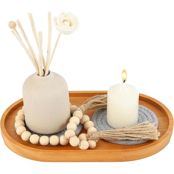 Farmhouse Style Wooden Serving Tray Set - 11" Elliptical Coffee Table Organizer with Bead Garland & 2 Coasters Durable Rubberwood Kitchen Counter Decor for Home, Entryway & Bathroom