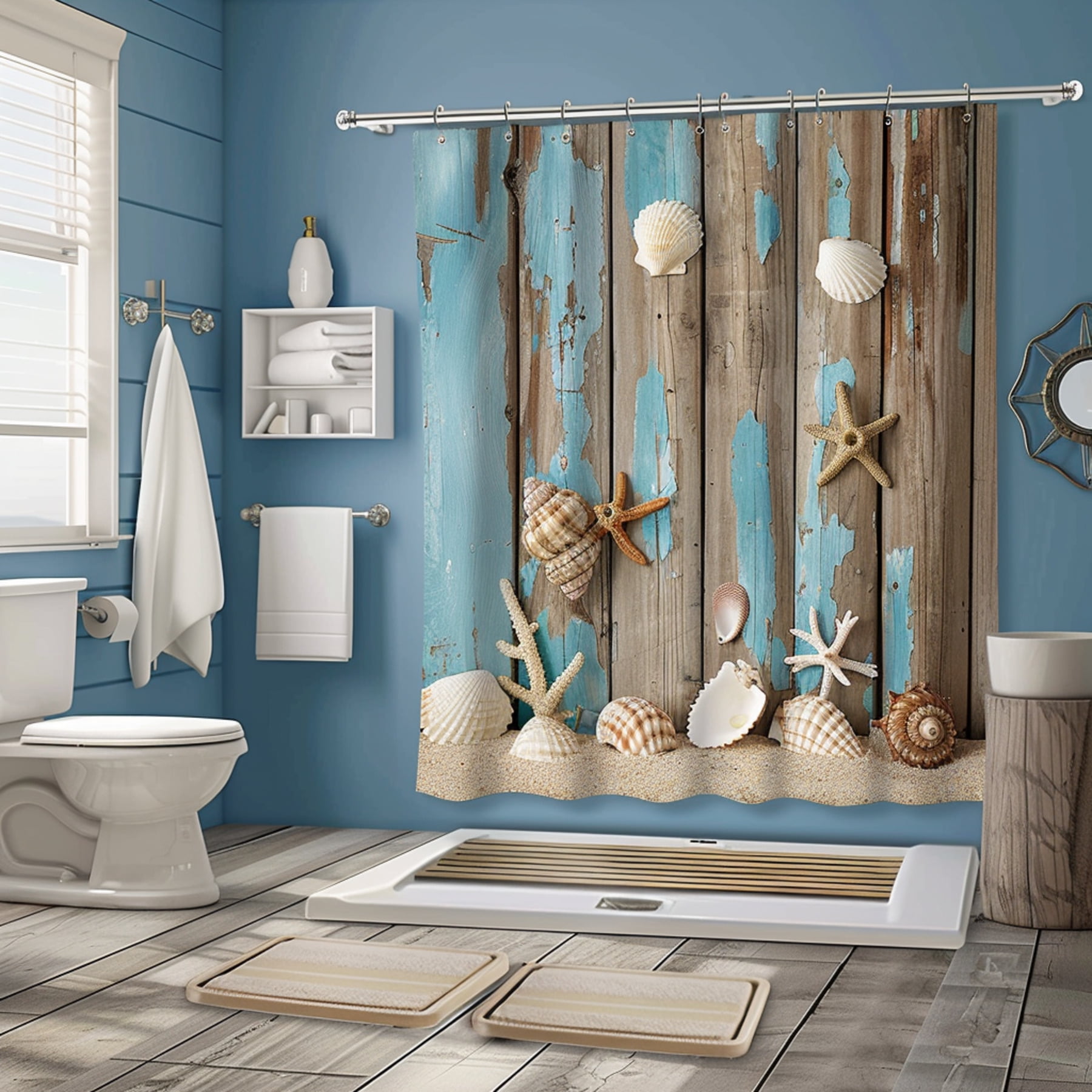 Farmhouse Style Wooden Shower Curtain with Blue Wall Design Seashell