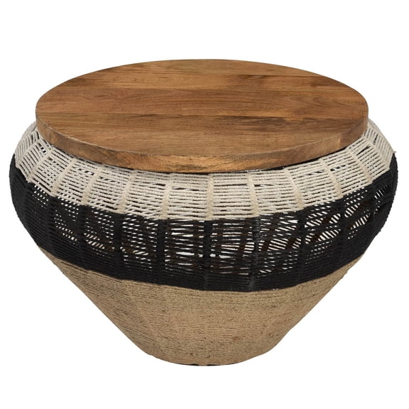 Farmhouse Style Woven Rope And Wood Round Coffee Table | Vintage Mango Wood Country Style Coffee Table | Antique Hand carved Home Furniture