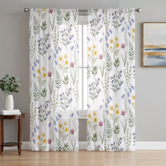 Farmhouse Summer Floral Sheer Curtains 63 Inch Length 2 Panels Set, Spring Botanical Leaves Voile Window Treatment Rod Pocket Curtains Sheers Drapes for Bedroom/Living Room/Kitchen 52x"63"x2