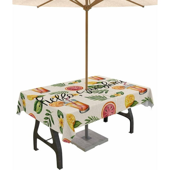 Farmhouse Summer Outdoor Tablecloth with Umbrella Hole and Zipper, Spillproof Table Cloth for Rectangle Tables, Dinner/Picnic/Patio/Party Table Cover Tropical Plants Fruits