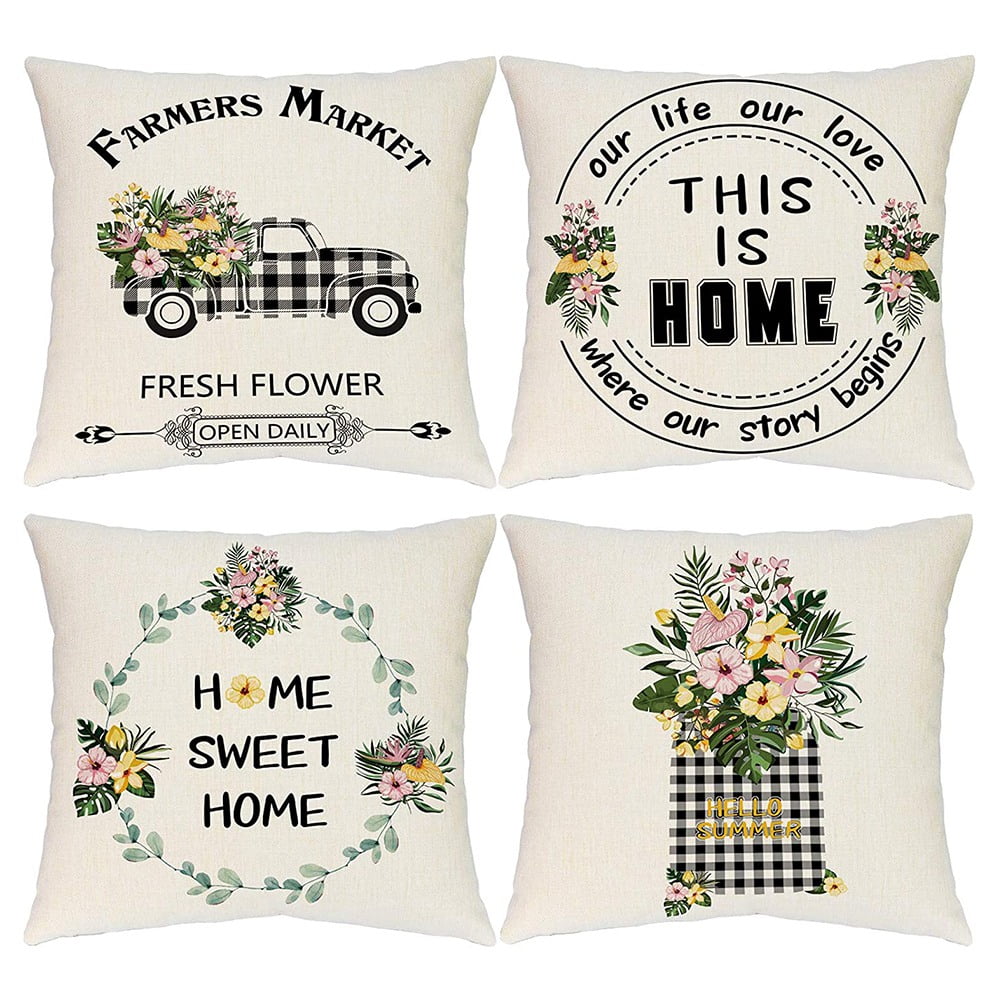 Summer Pillow Covers 18X18 Set of 4 Farmhouse Outdoor Pillow 