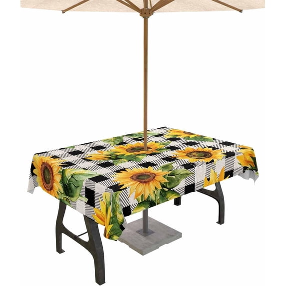 Farmhouse Summer Sunflower Outdoor Tablecloth with Umbrella Hole and Zipper, Spillproof Table Cloth for Rectangle Tables, Dinner/Picnic/Patio/Party Table Cover Black Plaid