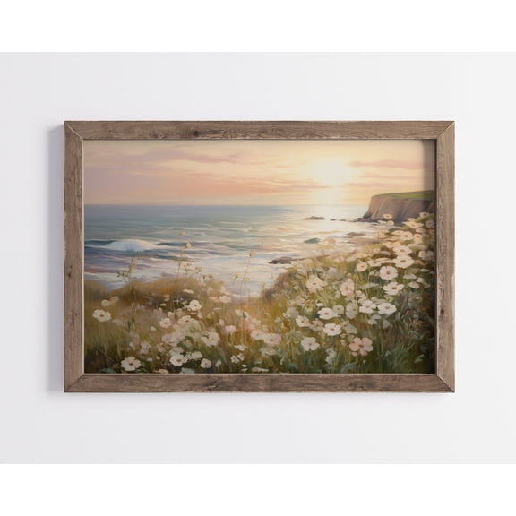 Farmhouse Summer Sunset Wall Art, Cottagecore Sea Sunrise Flower poster, Vintage Floral Beach poster, Wildflower Field Unframed Paper Print