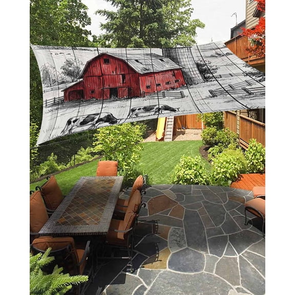 Farmhouse Sun Shade Sail 6.5'X10' Pastoral Landscape Watercolor Barn Farm Dairy Cow Wood Grain UV Block Outdoor Sail Shades Breathable Waterproof Rectangular Sunshade for Patio Garden Pool Porch