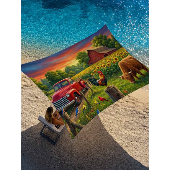 Farmhouse Sun Shade Sail 6.5' x 10', Pastoral Landscape Sunflowers Red Barn Cow Chicken Rectangle Outdoor Sunshade Canopy, Waterproof UV Block Patio Covers for Garden Yard Beach
