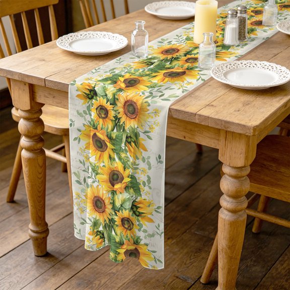 Farmhouse Sunflower 10ft Cheesecloth Table Runner for Wedding 27"x120", Vintage Flowers Kitchen Dinner Sheer Tulle Chiffon Dresser Scarf, Holiday Party Decorations