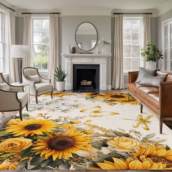 Farmhouse Sunflower Area Rugs 6'x9', Small Throw Rugs for Kitchen Dining room, Vintage Daisy Butterflies Rustic Burlap Indoor Outdoor Rug Non-Slip Low Pile Carpet Runner Reversible Floor Mats
