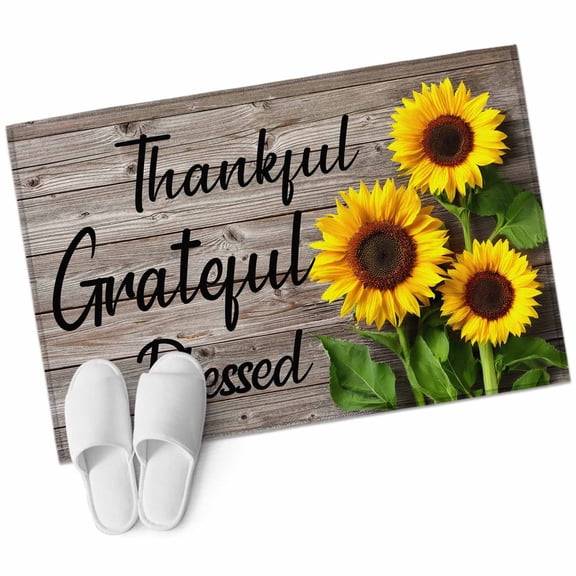 Farmhouse Sunflower Area&nbsp;Rug 2x3ft Thankful Grateful Blessed Wood Grain Non-Slip&nbsp;Washable Square&nbsp;Rugs Soft Felt Indoor Floor Mat for Bedroom Kitchen Living Room Bathroom