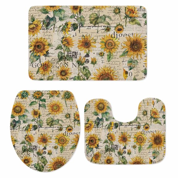 Farmhouse Sunflower Bath Mat 3 Piece Bathroom Rug Set, Retro Summer Botanical Non Slip Bath Rug Contour Mat and Toilet Lid Cover, Absorbent Shower Mats Soft Bath Rugs and Mats Sets
