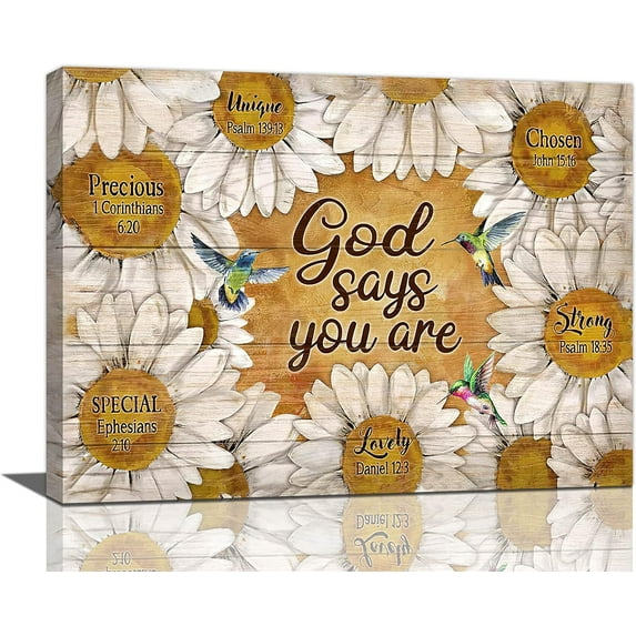 Farmhouse Sunflower Bathroom Decor Wall Art Rustic Flower Hummingbird God Says You Are Floral Wall Decor Christian Religion Canvas Painting Print Artwork Framed for Bedroom Bathroom 16"x12"