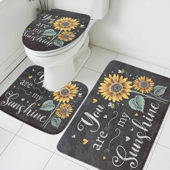Farmhouse Sunflower Bathroom Rugs Set You Are My Sunshine Non Slip Absorbent Soft Bath Mats 3 Piece Set with Bathroom Rug, U-Shaped Floor Mat, Toilet Seat Cover Large Size