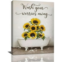 Farmhouse Sunflower Bathroom Wall Decor Funny Sunflowers In Bathtub Pictures Wall Art Sunflower Bathroom Canvas Print Rustic Country Painting Framed Home Artwork Decorations For Restroom 12"x16"