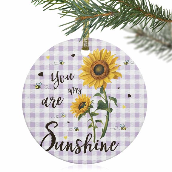 Farmhouse Sunflower Bee Christmas Ceramic Ornament 2025,3" Round Xmas Tree Hanging Accessories with Gold Ribbon