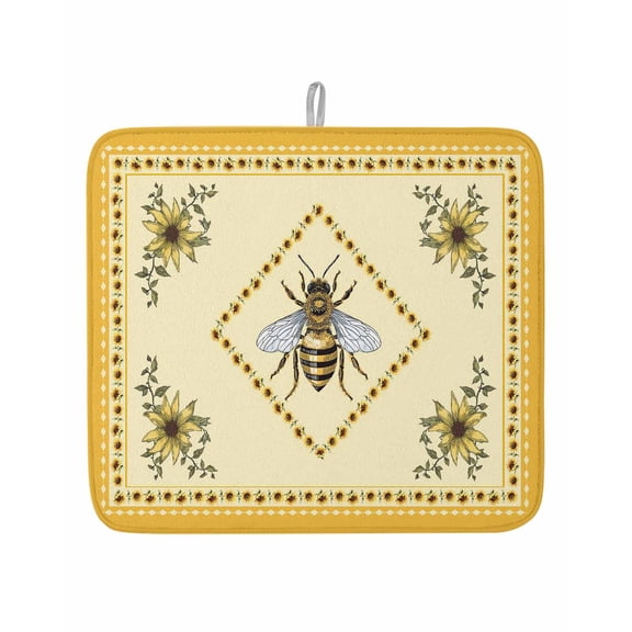Farmhouse Sunflower Bee Dish Drying Mats for Kitchen Counter,Absorbent Microfiber Dish Drainer Rack Mat Pastoral Floral Retro Yellow Theme Drying Pad for Sinks,Utensils,Countertops,16x18in