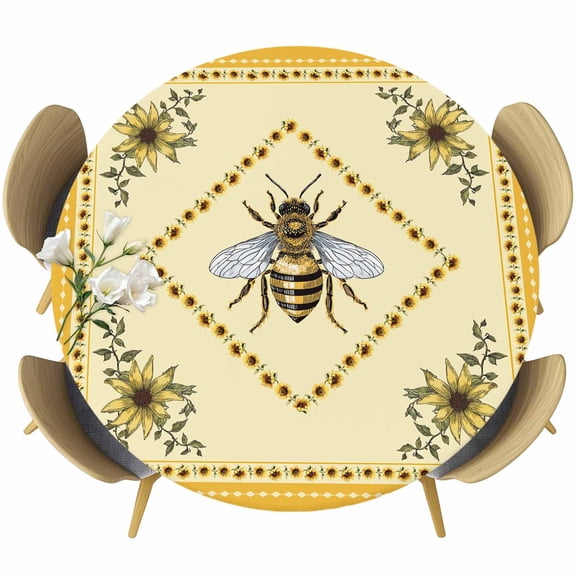 Farmhouse Sunflower Bee Fitted Round Tablecloths Elastic Edged Table Covers 55"-60",Waterproof Table Cloth for Kitchen Holiday Party Tables Decor