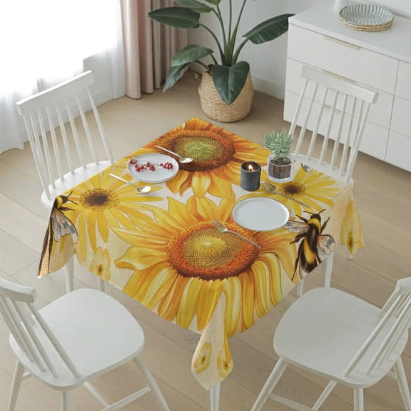 Farmhouse Sunflower Bee on Linen Table Cloth 54x54in, Waterproof Square Tablecloth Wipeable Tablecloths Retro Pastoral Yellow Flower Table Covers for Dining Tables Party Indoor Outdoor