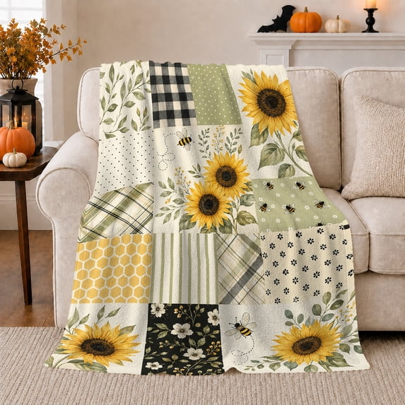 Farmhouse Sunflower Bee Patchwork Collage, Peaceful Mountain Lake Scene, Warm Flannel Blanket for Ranch House and Living Room, Outdoor Lovers Thanksgiving Gift, Rustic Home Decor