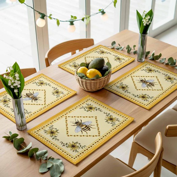 Farmhouse Sunflower Bee Placemats Set of 4,Wipeable Washable Table Mats for Dining Tables, Pastoral Floral Retro Yellow Theme Place Mats for Kitchen Event Party Tabletop Decor