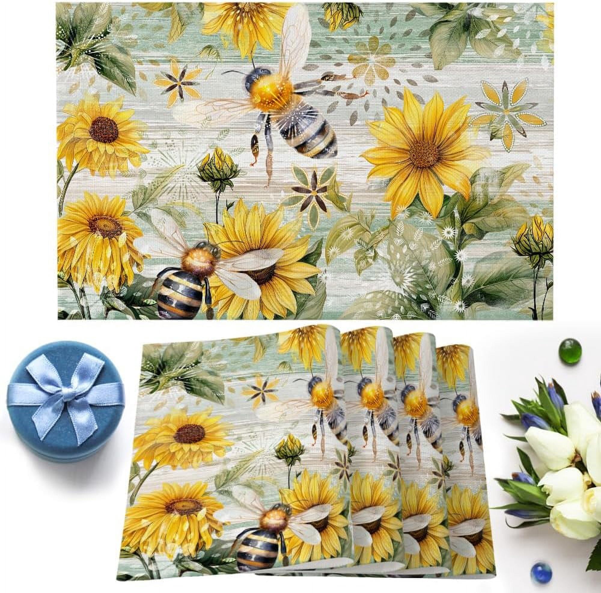 Farmhouse Sunflower Bee Placemats Set of 6 Washable Table Mats for ...