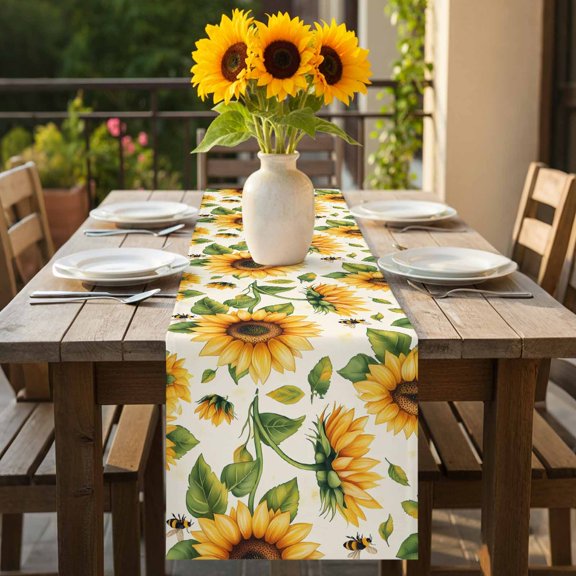Farmhouse Sunflower Bee Table Runner 36 Inches Long,Kitchen Dining Tablerunners Country Pastoral Flower Linen Table Runners Dresser Scarves for Home Dinner Wedding Holiday Party Decor