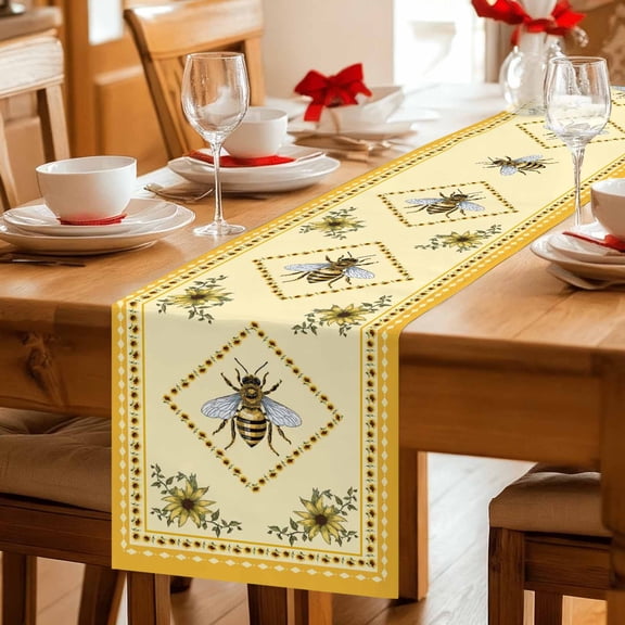 Farmhouse Sunflower Bee Table Runner 36 Inches Long,Kitchen Dining Tablerunners Pastoral Floral Retro Yellow Theme Linen Table Runners Dresser Scarves for Home Dinner Wedding Holiday Party Decor
