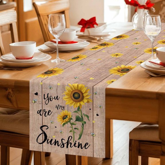 Farmhouse Sunflower Bee Table Runner 36 Inches Long,Kitchen Dining Tablerunners Rustic Yellow Flower Wood Board Linen Table Runners Dresser Scarves for Home Dinner Wedding Holiday Party Decor