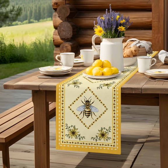 Farmhouse Sunflower Bee Table Runner 60 Inch Long Pastoral Floral Retro Yellow Theme Table Runners Linen Burlap Tablerunner for Kitchen Dining Room Holiday Party