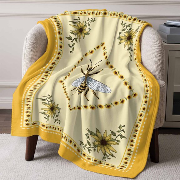 Farmhouse Sunflower Bee Throw Blanket Flannel Fleece Throws, Pastoral Floral Retro Yellow Theme Lightweight Super Soft Warm Blankets for Couch Sofa Bed All Season Use, 50x60 in