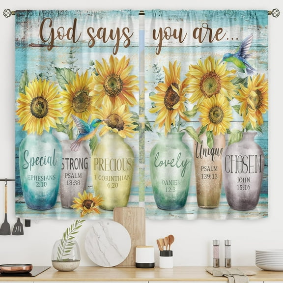 Farmhouse Sunflower Bible Verse Kitchen Curtains Short Small Christian Quotes Rustic Floral Scriptures Rod Pocket Retro Teal Wood Bedroom Living Room Treatment Fabric 2 Panels 27.5Wx39H Inch