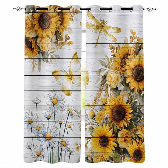 Farmhouse Sunflower Blackout Curtains 96 Inch Length 2 Panels Set, Vintage Daisy Butterflies Gray Wood Full Shading Curtains for Windows, Blackout Curtains for Bedroom Living Room 52"x96"