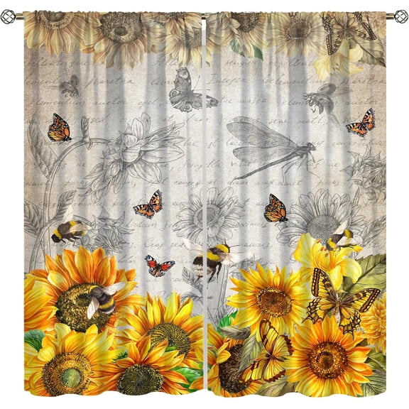 Farmhouse Sunflower Blackout Curtains,Vintage Country Newspaper Sunshine Old Sunflower Flower Plant Leaf Butterfly Bee Windows Treatments Rod Pocket For Girls Living Room Bedroom Kitchen 84x84in