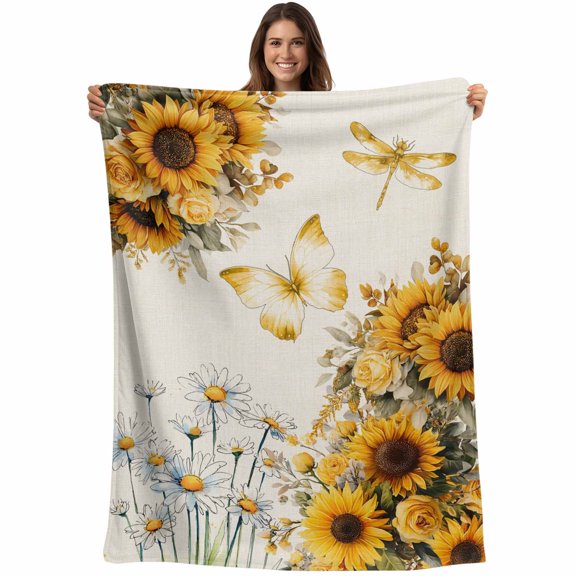 Farmhouse Sunflower Blanket Soft Cozy Warm Twin Blanket for Bed, Plush Fuzzy Flannel Fleece Blankets for Sofa, Vintage Daisy Butterflies Rustic Burlap Throw Blankets for Couch Gifts, 60"x80"