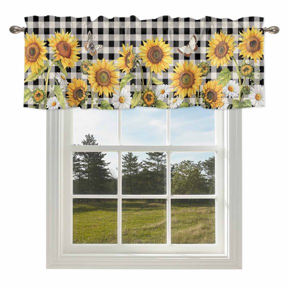 Farmhouse Sunflower Butterfly Valances for Windows Pastoral Flower Buffalo Check Rod Pocket Curtain Valance Window Treatment Short Curtains for Kitchen Living Room,54x18in