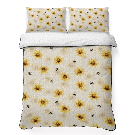 Farmhouse Sunflower California King Quilt Bedding Set, Rustic Yellow Honey Bees Linen Texture Lightweight Comforter with 2 Pillow Shams Bedroom Bedspread Set Home Decor for All Seasons