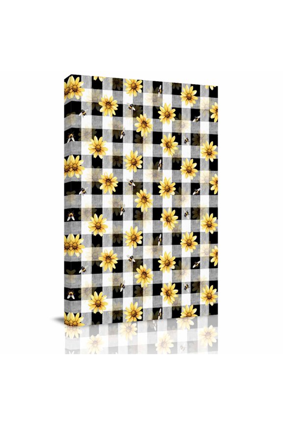 Farmhouse Sunflower Canvas Wall Art for Living Room, Rustic Yellow Honey Bees Black White Buffalo Plaid Poster Print Painting for Bedroom Office Home Decoration Wall Pictures Prepare To Hang 8"x10"