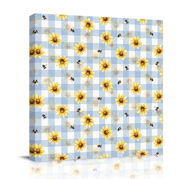 Farmhouse Sunflower Canvas Wall Art for Living Room, Rustic Yellow Honey Bees Light Blue Plaid Poster Print Painting for Bedroom Office Home Decoration Wall Pictures Prepare To Hang 12"x12"