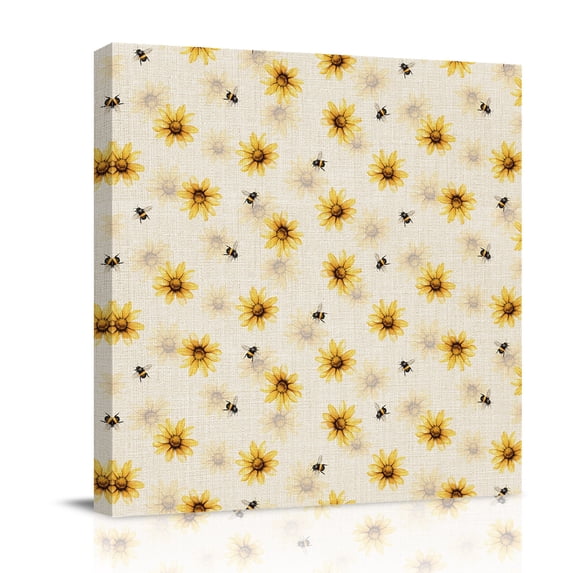 Farmhouse Sunflower Canvas Wall Art for Living Room, Rustic Yellow Honey Bees Linen Texture Poster Print Painting for Bedroom Office Home Decoration Wall Pictures Prepare To Hang 10"x10"