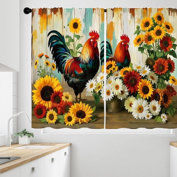 Farmhouse Sunflower Chicken Kitchen Curtains, Oil Painting Flower Floral Small Short Bathroom Kitchen Window Curtains Animal Rooster Bedroom Drapes Treatment Tiers 2 Panels 28x40 Inch