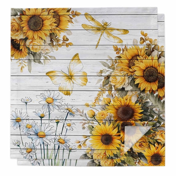 Farmhouse Sunflower Cloth Napkins, Vintage Daisy Butterflies Gray Wood Washable and Reusable Dinner Napkins Set of 2, Table Napkin for Kitchen Party Birthday Wedding Hotel Housewarming 20"x20"