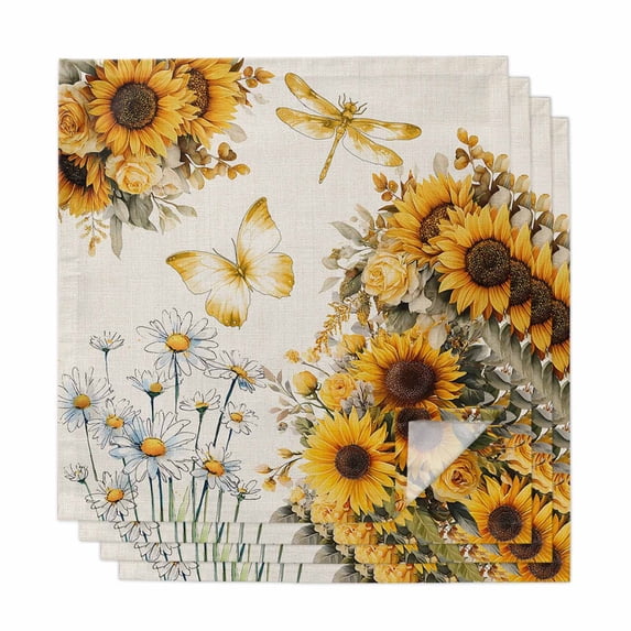 Farmhouse Sunflower Cloth Napkins, Vintage Daisy Butterflies Rustic Burlap Washable and Reusable Dinner Napkins Set of 4, Table Napkin for Kitchen Party Birthday Wedding Hotel Housewarming 20"x20"