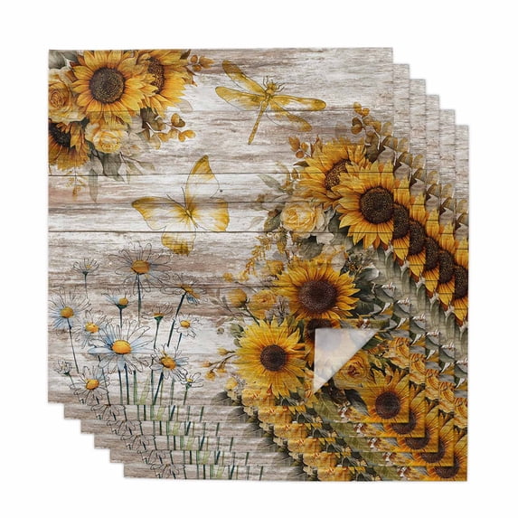 Farmhouse Sunflower Cloth Napkins, Vintage Daisy Butterflies Rustic Wood Washable and Reusable Dinner Napkins Set of 6, Table Napkin for Kitchen Party Birthday Wedding Hotel Housewarming 20"x20"