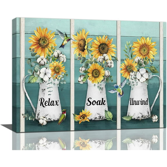 Farmhouse Sunflower Cotton Bathroom Decor Wall Art Rustic Hummingbird Floral Pictures Wall Decor Relax Soak Unwind Bathroom Sign Canvas Painting Prints Artwork Framed for Bathroom Bedroom 16"x12"